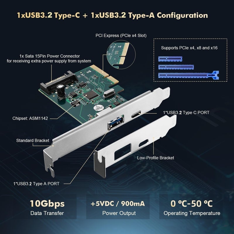 Binardat PCIE to USB 3.2 Gen2 10Gbps Expansion Card, 2 Port USB Type-A and Type-C Ports, Self-Powered, Low Profile Bracket, USB3.2 Hub Controller Adapter for Windows 10/11 - Image 4